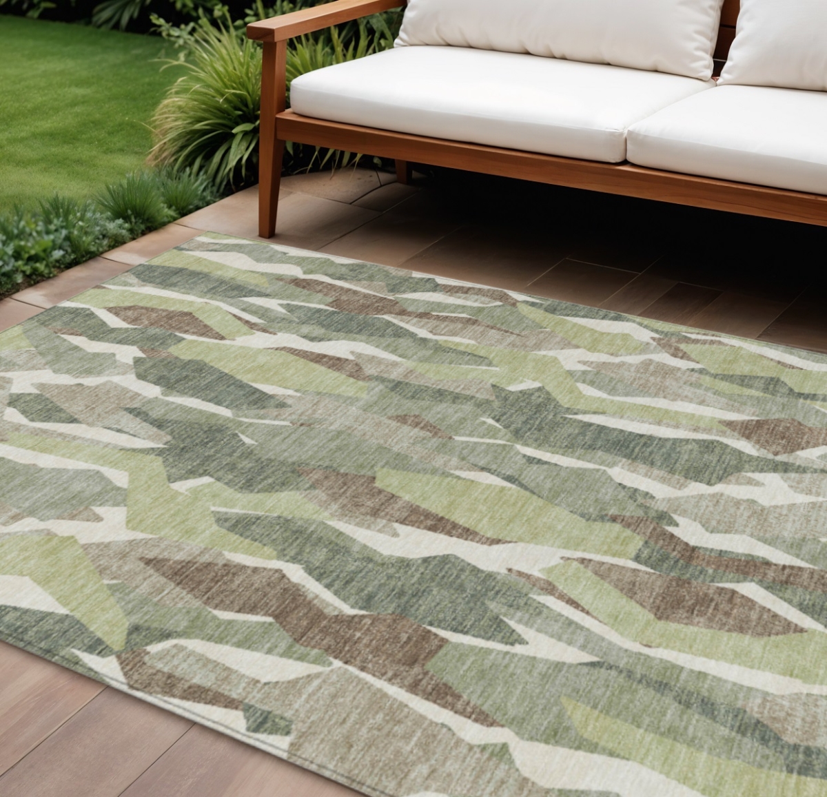 659615 10 x 14 ft. Fern Green Tan & Ivory Striped Washable Transitional Indoor & Outdoor Rectangle Area Rug