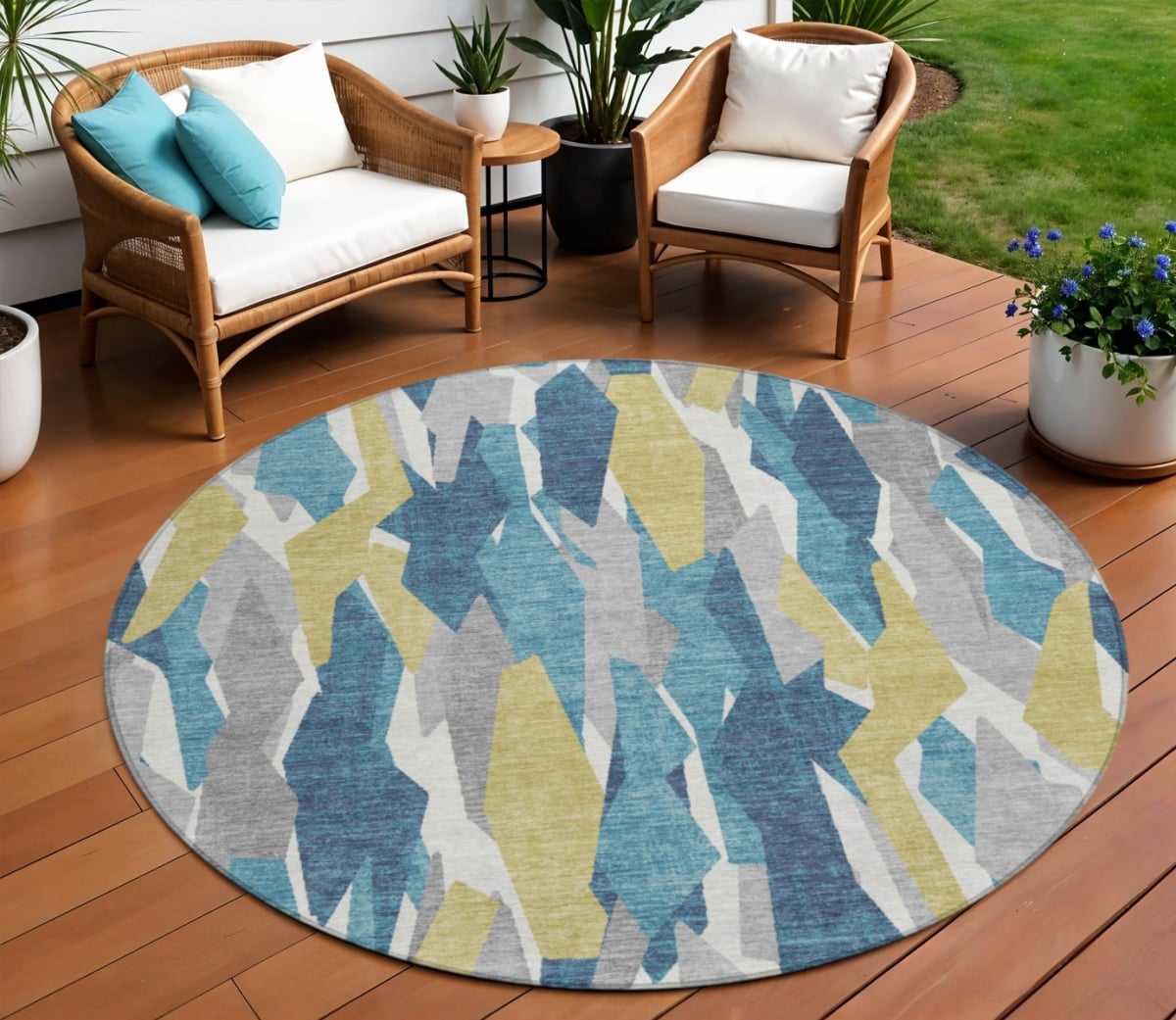 659642 8 ft. Teal Blue Yellow & Ivory Striped Washable Transitional Indoor & Outdoor Round Area Rug