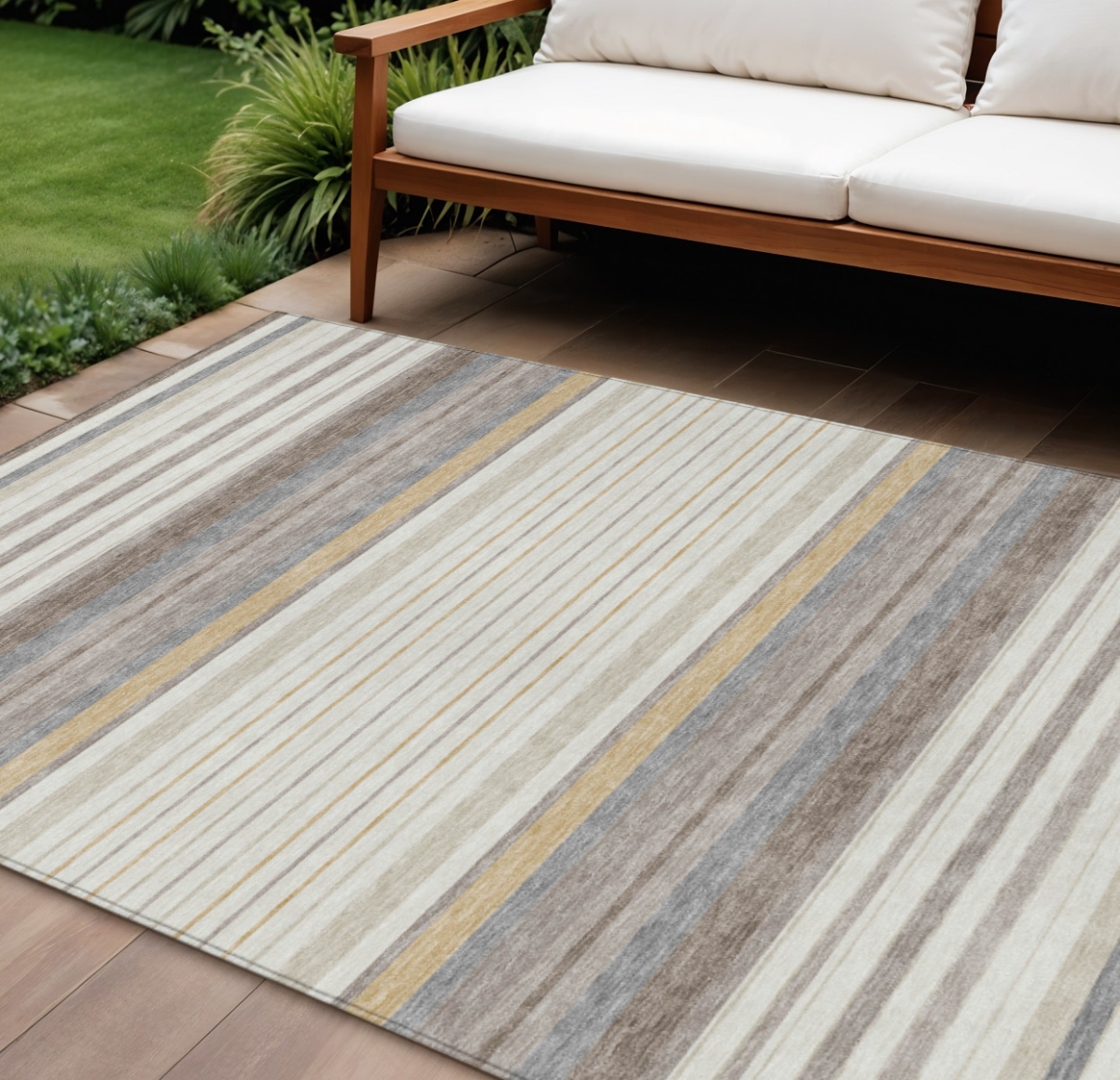 659663 10 x 14 ft. Ivory Taupe & Beige Striped Washable Transitional Indoor & Outdoor Rectangle Area Rug
