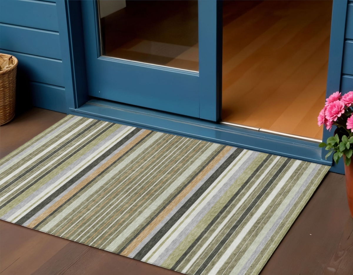 659670 3 x 5 ft. Olive Green Copper & Ivory Striped Washable Transitional Indoor & Outdoor Rectangle Area Rug