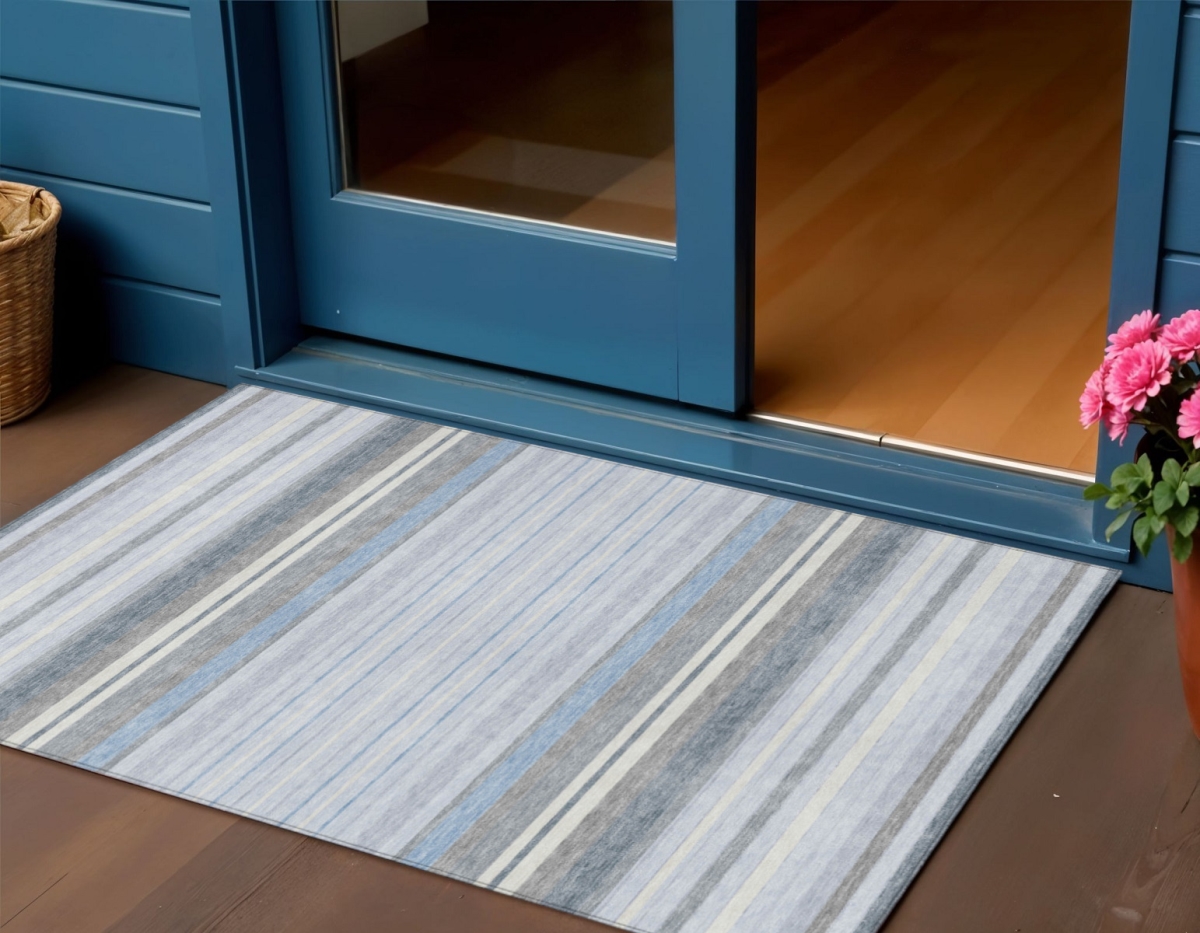 659682 3 x 5 ft. Sky Blue & Ivory Striped Washable Transitional Indoor & Outdoor Rectangle Area Rug