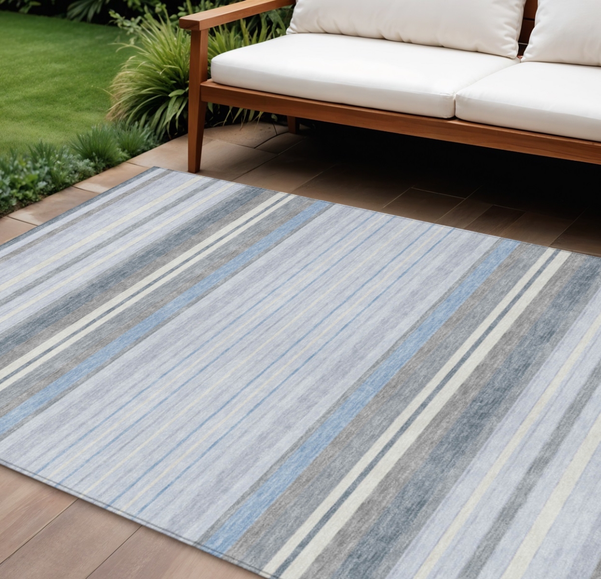659686 9 x 12 ft. Sky Blue & Ivory Striped Washable Transitional Indoor & Outdoor Rectangle Area Rug