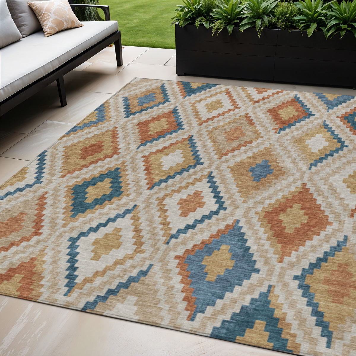 659701 5 x 8 ft. Beige Blue & Terra Cotta Geometric Washable Transitional Indoor & Outdoor Rectangle Area Rug