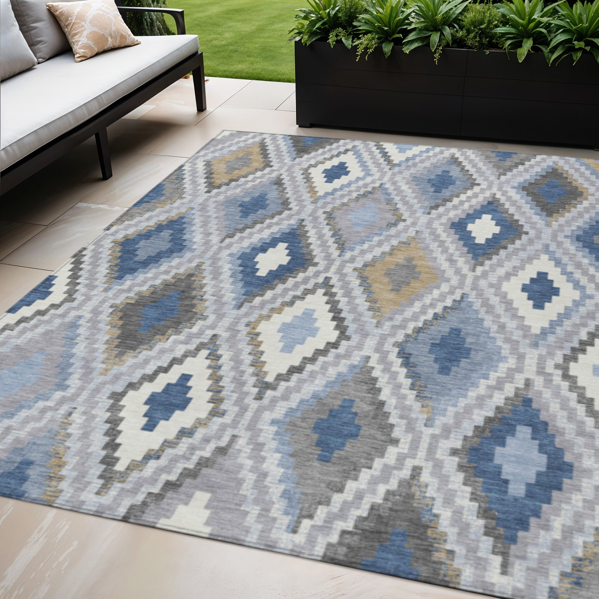 659719 5 x 8 ft. Denim Blue, Gray & Ivory Geometric Washable Transitional Indoor & Outdoor Rectangle Area Rug