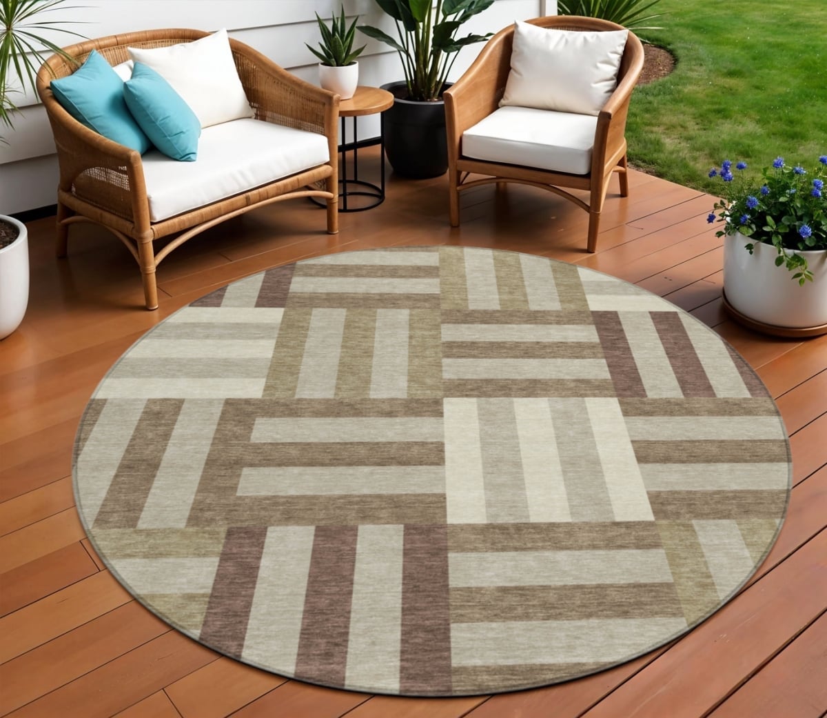 659756 8 ft. Brown, Beige & Ivory Geometric Washable Transitional Indoor & Outdoor Round Area Rug