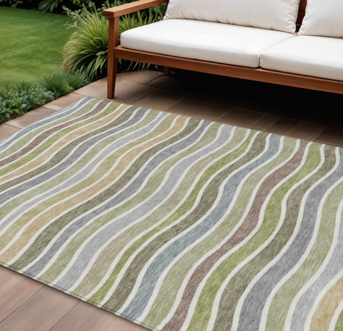 659819 10 x 14 ft. Fern Green, Ivory & Wheat Striped Washable Transitional Indoor & Outdoor Rectangle Area Rug