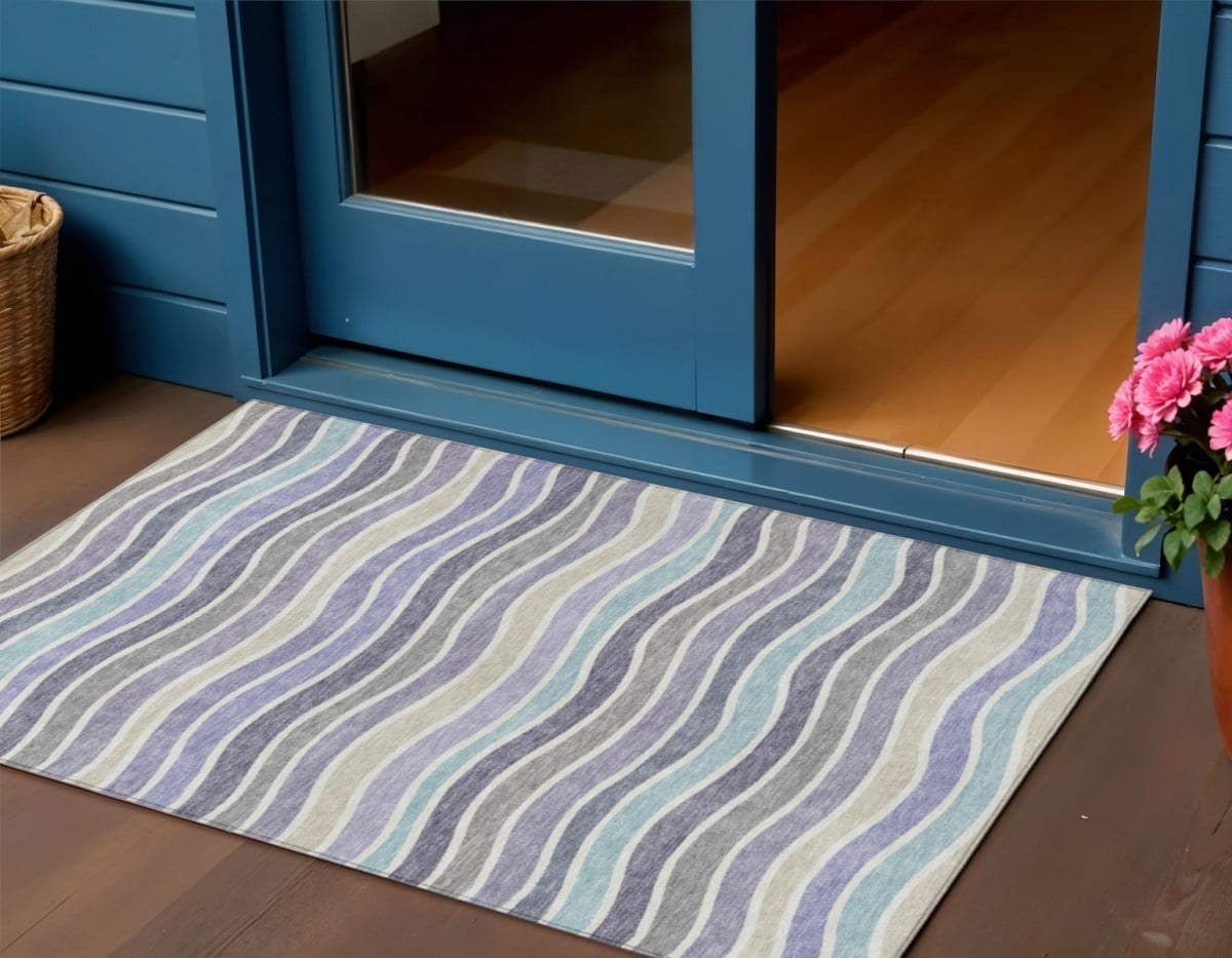 659820 3 x 5 ft. Lavender Tan & Ivory Striped Washable Transitional Indoor & Outdoor Rectangle Area Rug