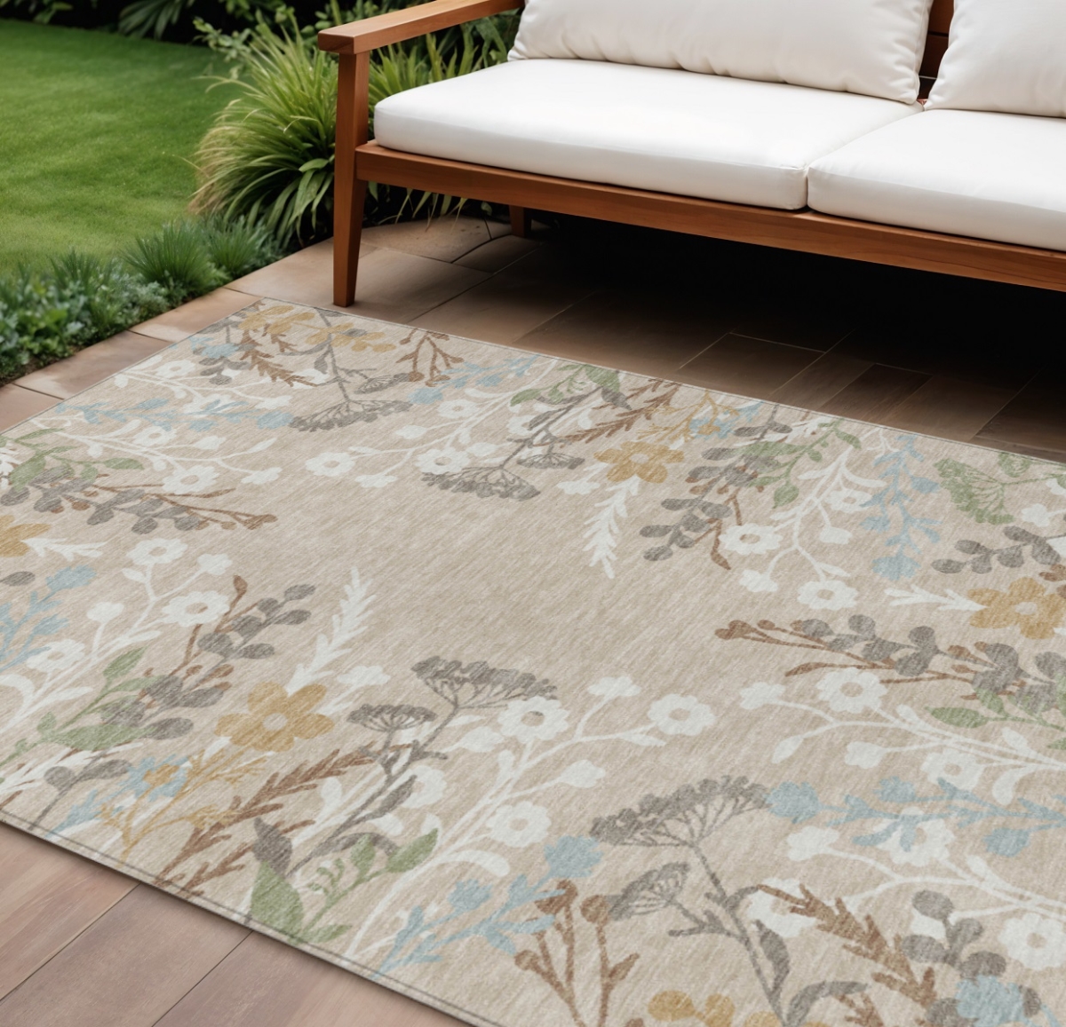 659855 10 x 14 ft. Beige, Ivory & Blue Floral Washable Transitional Indoor & Outdoor Rectangle Area Rug
