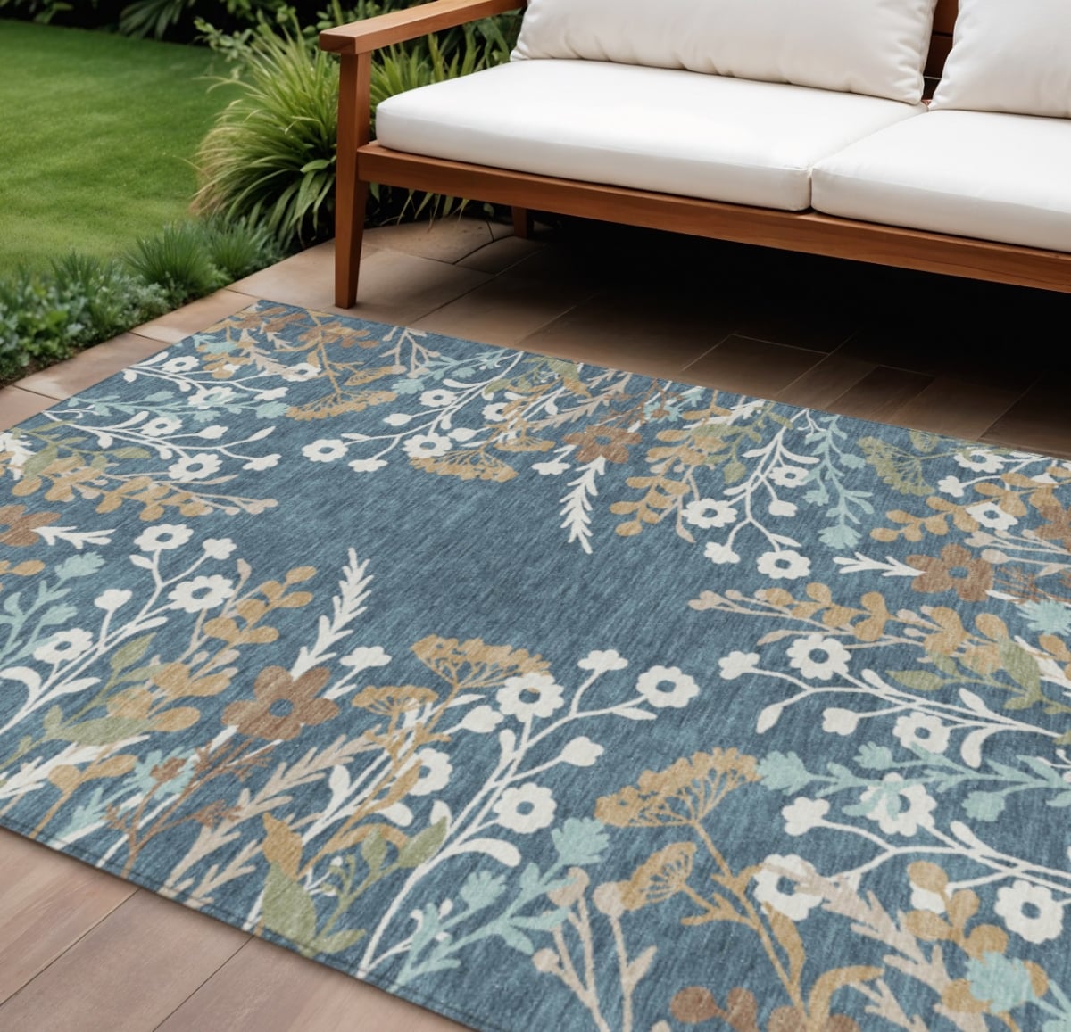 659865 8 x 10 ft. Denim Blue Brown & Beige Floral Washable Transitional Indoor & Outdoor Rectangle Area Rug