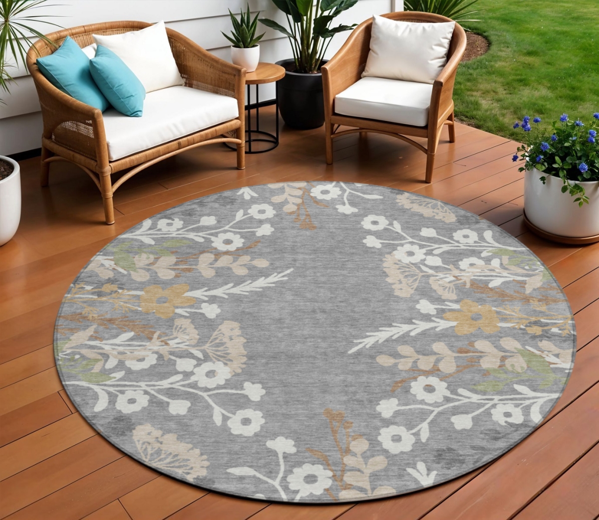 659876 8 ft. Gray, Ivory & Beige Floral Washable Transitional Indoor & Outdoor Round Area Rug