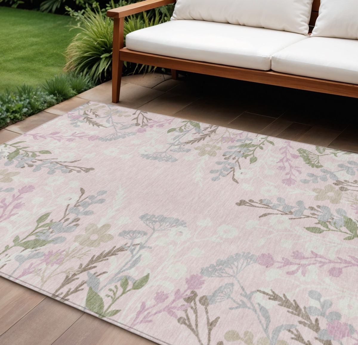 659897 10 x 14 ft. Pink Ivory & Gray Floral Washable Transitional Indoor & Outdoor Rectangle Area Rug