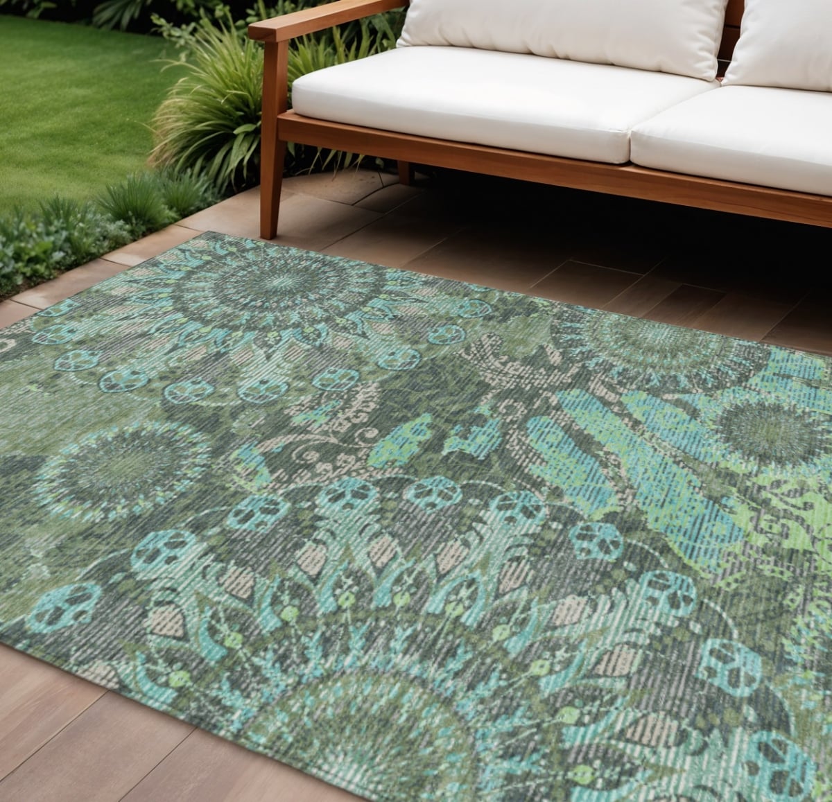 659932 9 x 12 ft. Olive Green Blue & Gray Paisley Washable Transitional Indoor & Outdoor Rectangle Area Rug