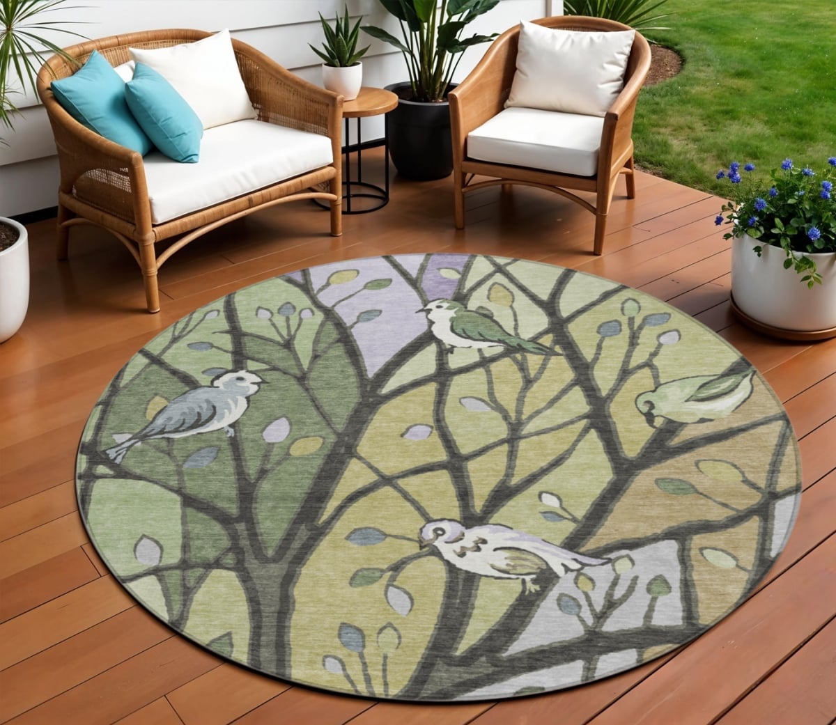 659943 8 ft. Artichoke Green Wheat & Lavender Botanical Leaves Washable Transitional Indoor & Outdoor Round Area Rug