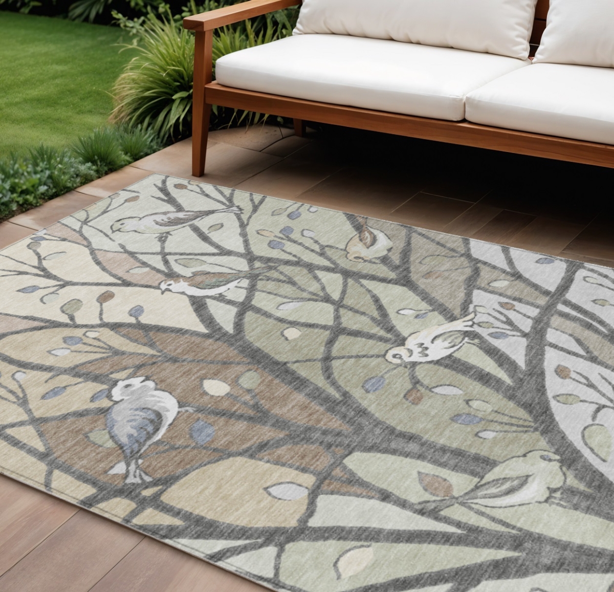 659952 10 x 14 ft. Beige Sage & Khaki Botanical Leaves Washable Transitional Indoor & Outdoor Rectangle Area Rug