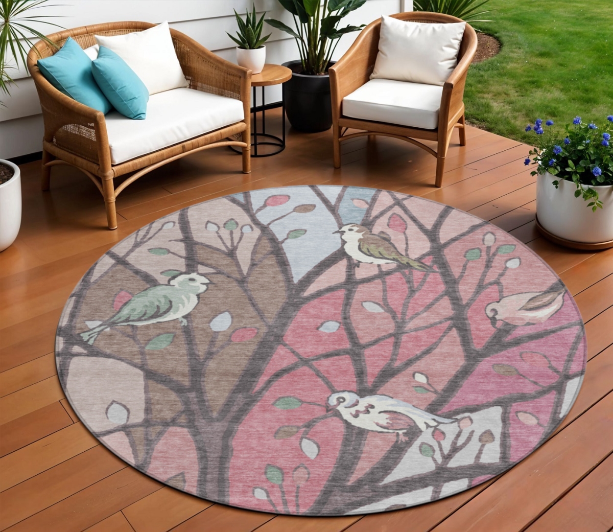 659961 8 ft. Blush Blue & Brown Botanical Leaves Washable Transitional Indoor & Outdoor Round Area Rug