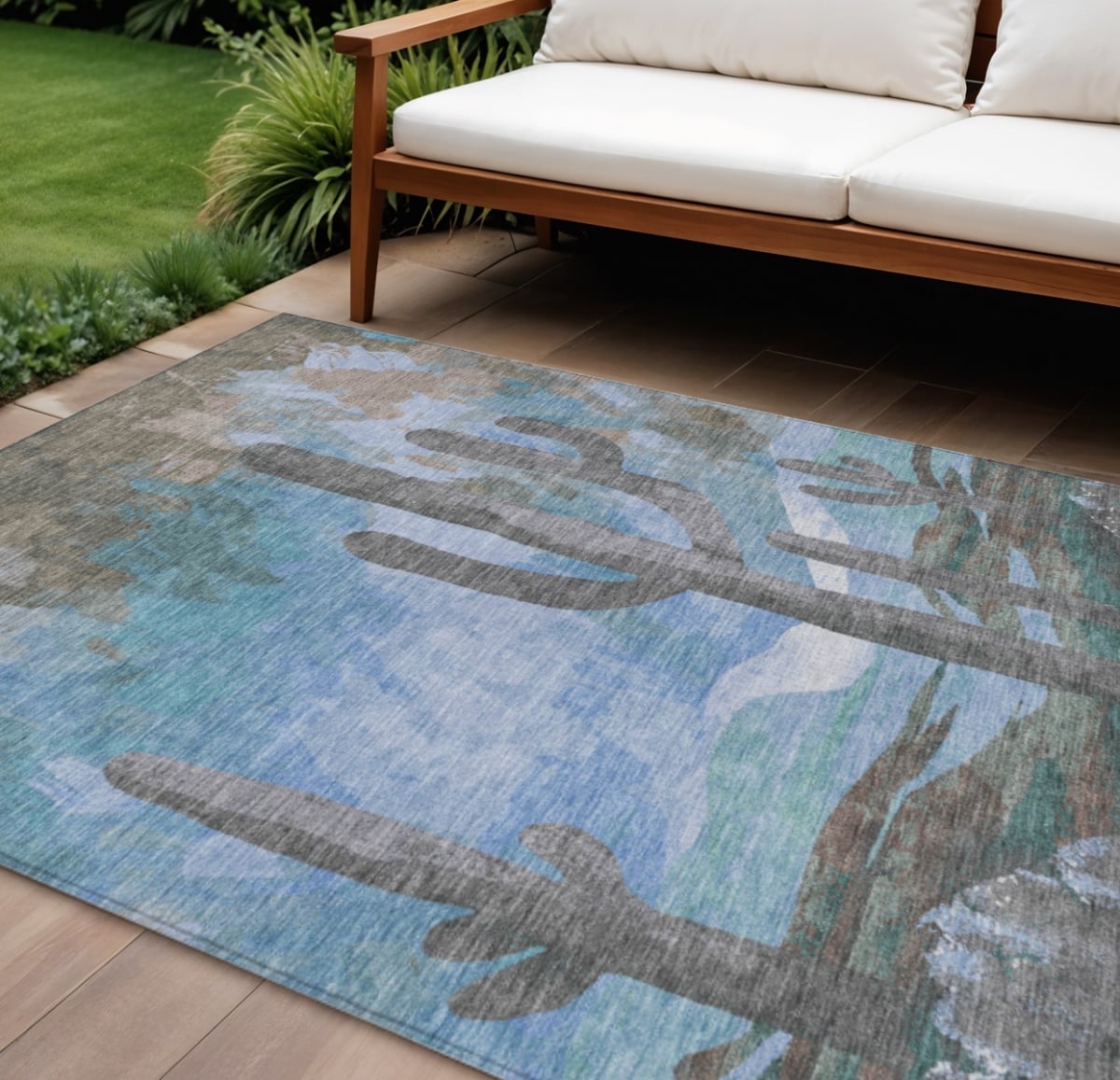 659982 10 x 14 ft. Brown Blue & Taupe Botanical Leaves Washable Transitional Indoor & Outdoor Rectangle Area Rug