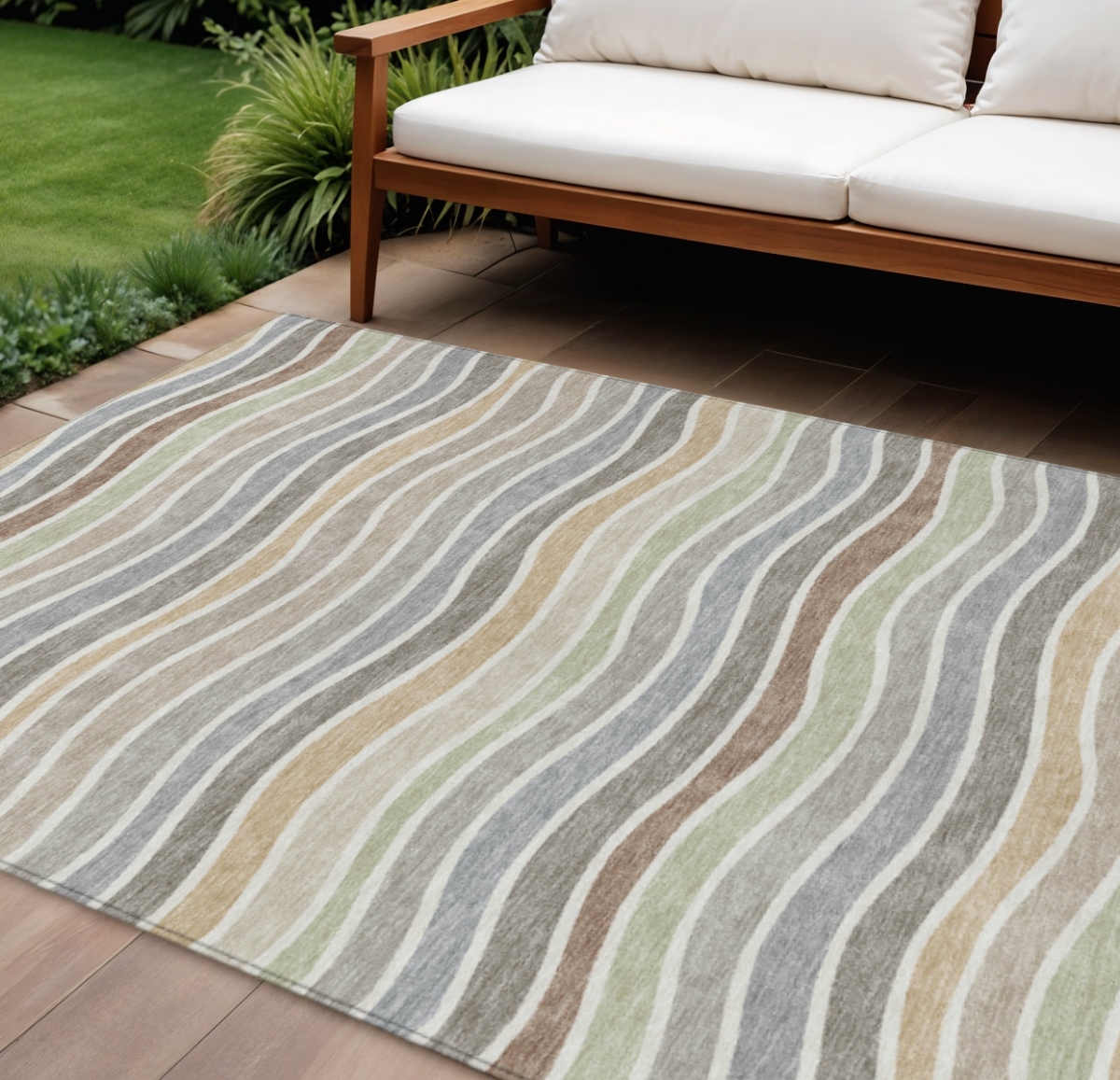 659837 10 x 14 ft. Taupe Ivory & Wheat Striped Washable Transitional Indoor & Outdoor Rectangle Area Rug