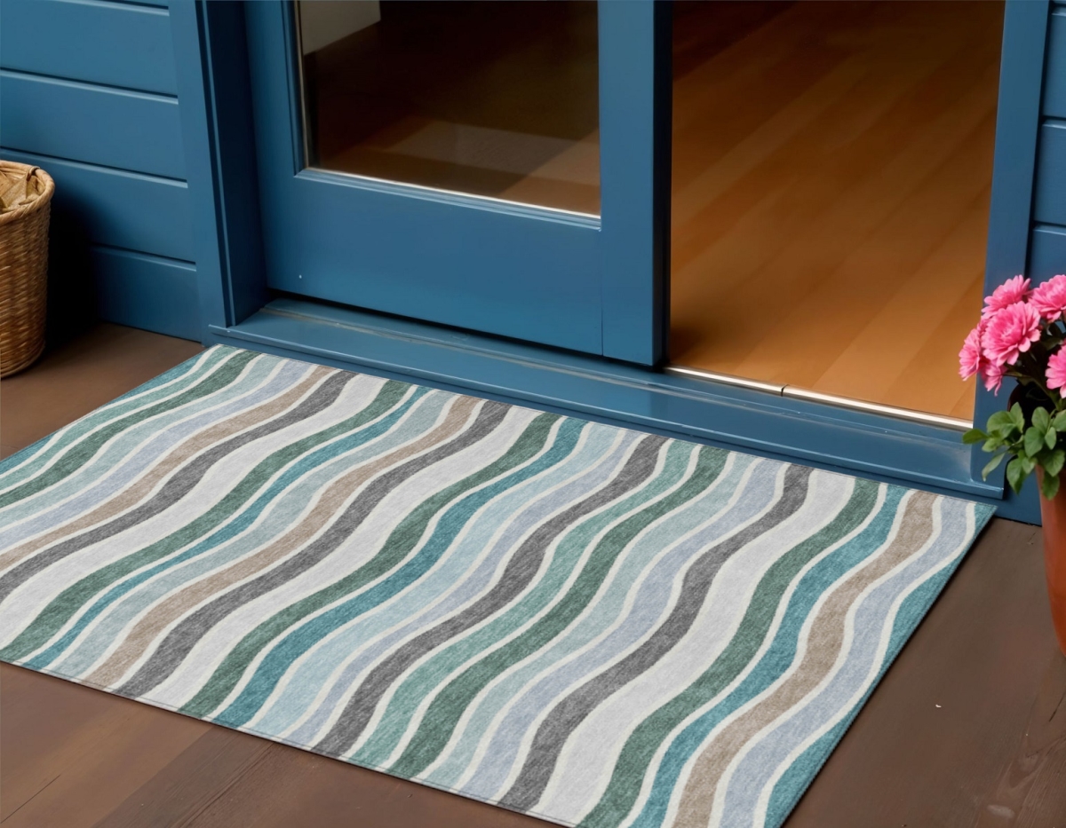 659838 3 x 5 ft. Teal Blue Khaki & Ivory Striped Washable Transitional Indoor & Outdoor Rectangle Area Rug