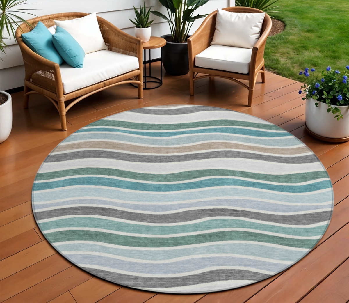 659840 8 ft. Teal Blue Khaki & Ivory Striped Washable Transitional Indoor & Outdoor Round Area Rug