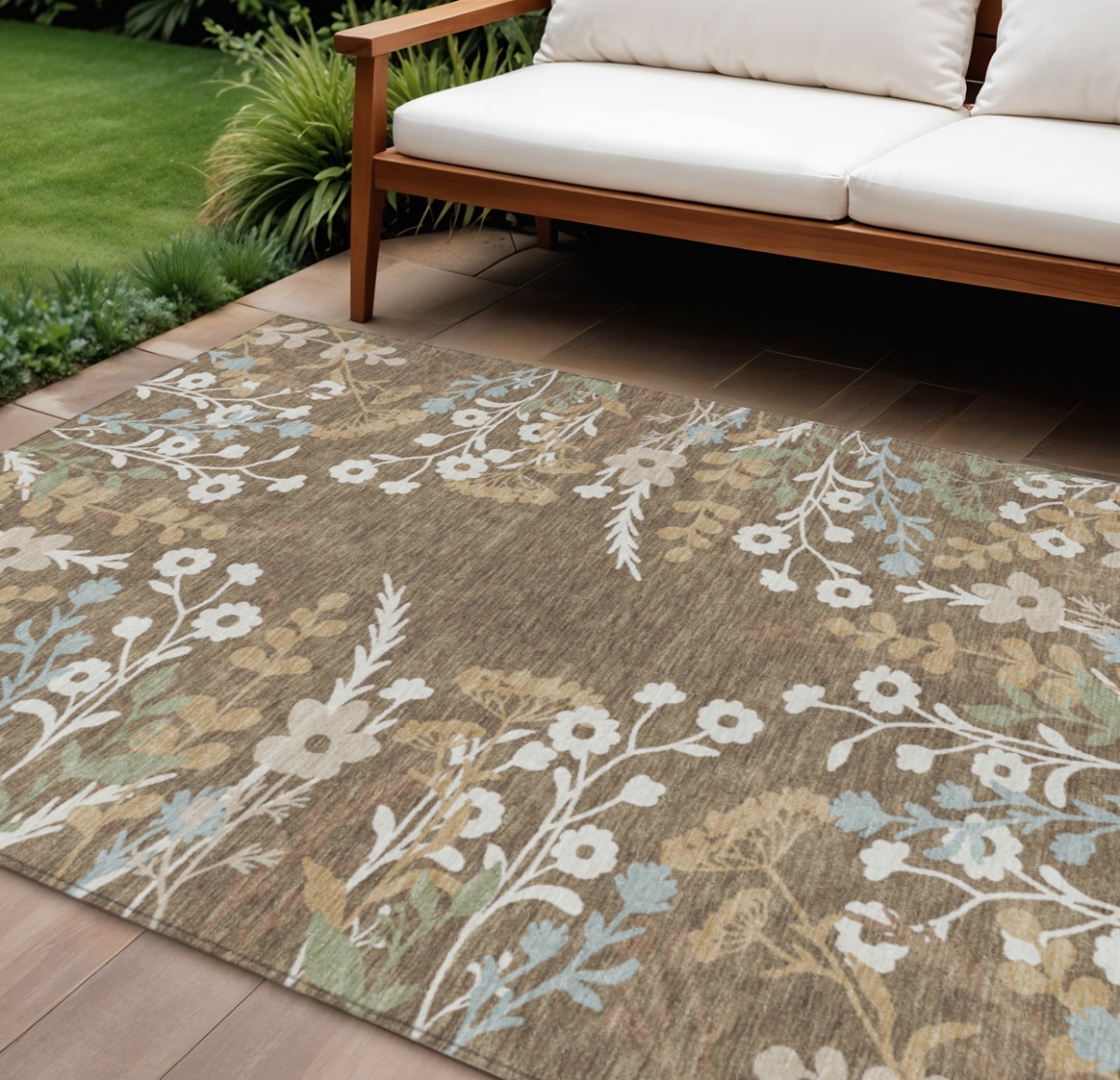 659859 8 x 10 ft. Chocolate Ivory & Blue Floral Washable Transitional Indoor & Outdoor Rectangle Area Rug