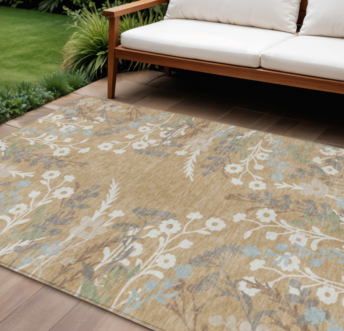 659873 10 x 14 ft. Gold Gray & Ivory Floral Washable Transitional Indoor & Outdoor Rectangle Area Rug