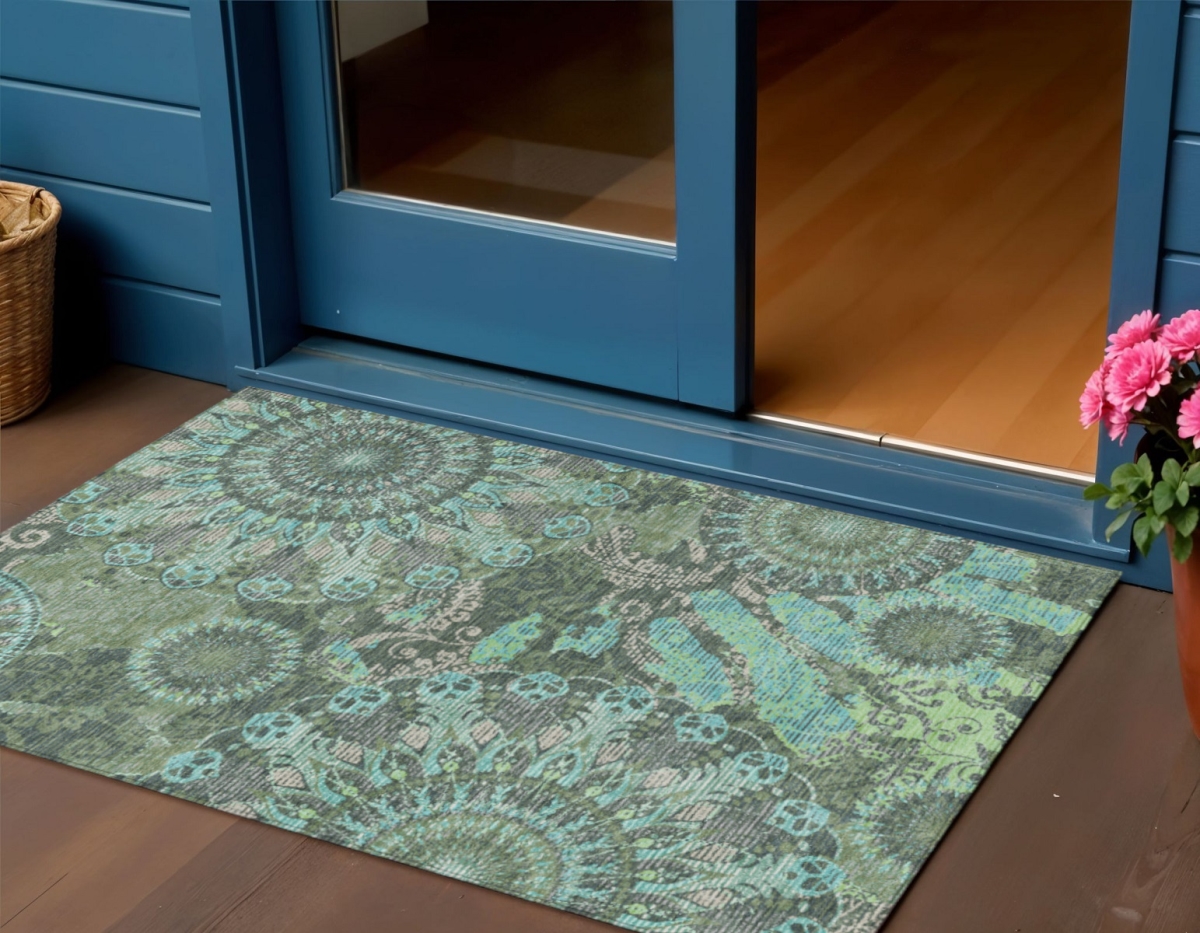 659933 10 x 14 ft. Olive Green Blue & Gray Paisley Washable Transitional Indoor & Outdoor Rectangle Area Rug