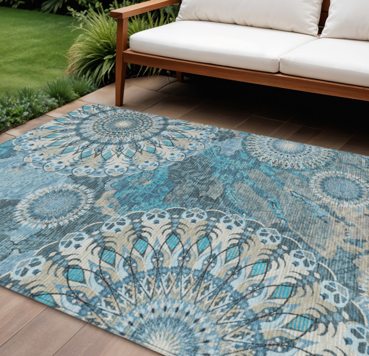 659939 10 x 14 ft. Teal Blue Khaki & Ivory Paisley Washable Transitional Indoor & Outdoor Rectangle Area Rug