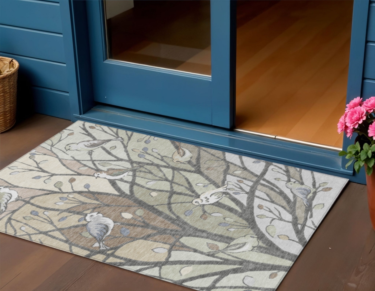 659947 3 x 5 ft. Beige Sage & Khaki Botanical Leaves Washable Transitional Indoor & Outdoor Rectangle Area Rug