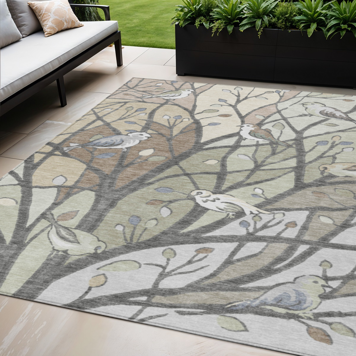 659948 5 x 8 ft. Beige Sage & Khaki Botanical Leaves Washable Transitional Indoor & Outdoor Rectangle Area Rug