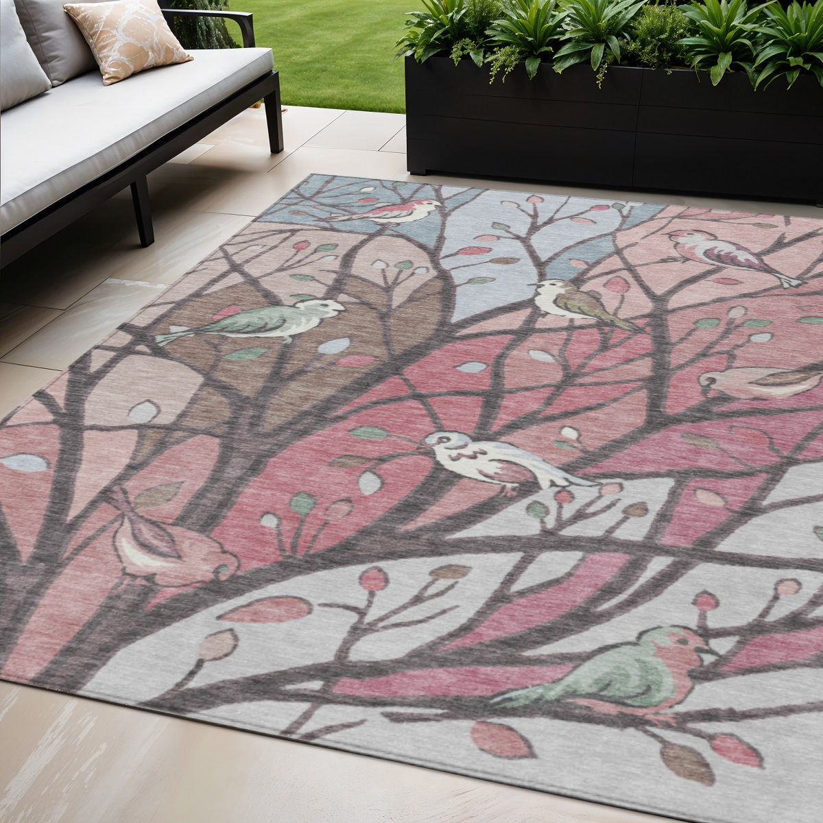 659960 5 x 8 ft. Blush Blue & Brown Botanical Leaves Washable Transitional Indoor & Outdoor Rectangle Area Rug