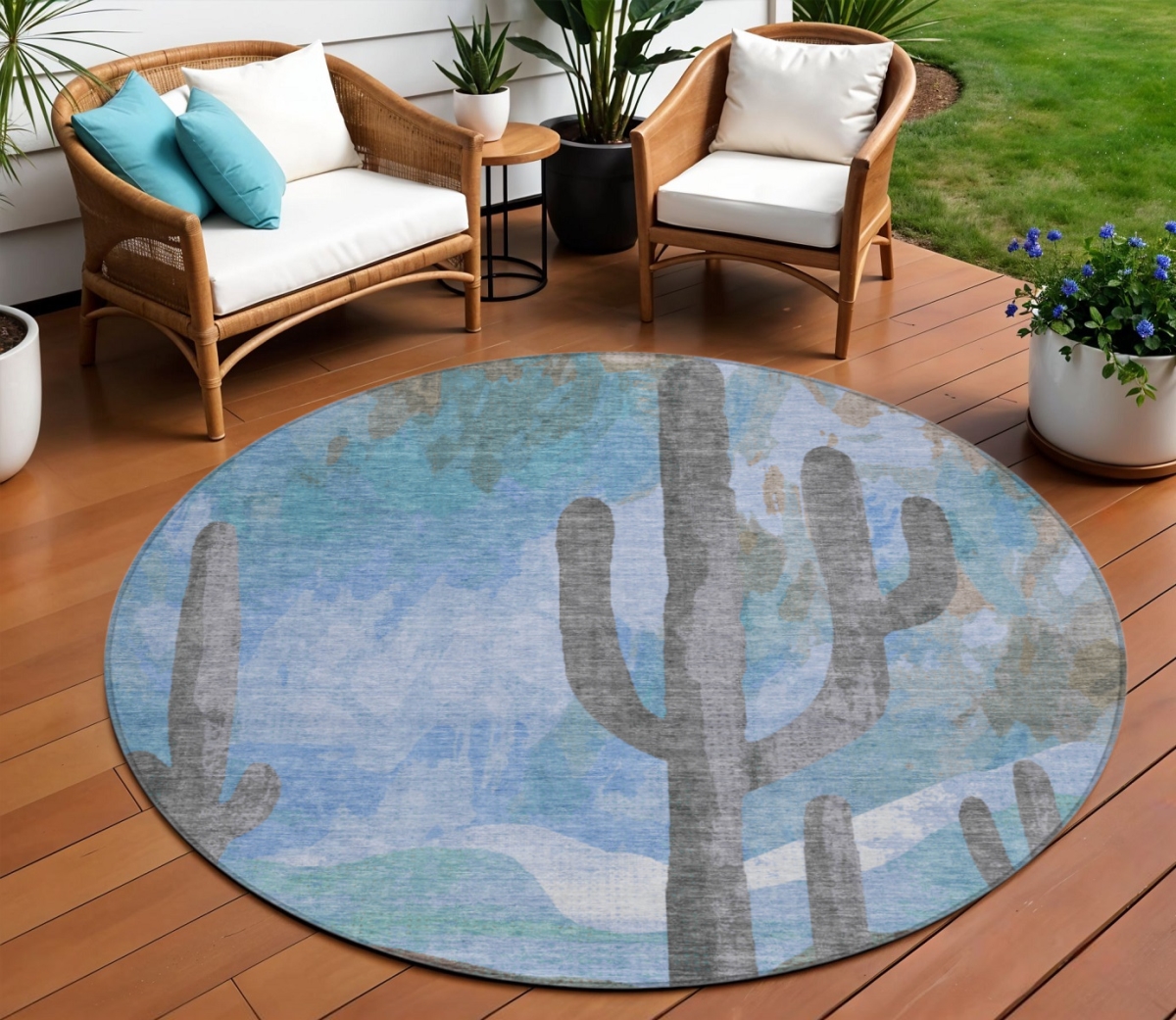659979 8 ft. Brown Blue & Taupe Botanical Leaves Washable Transitional Indoor & Outdoor Round Area Rug
