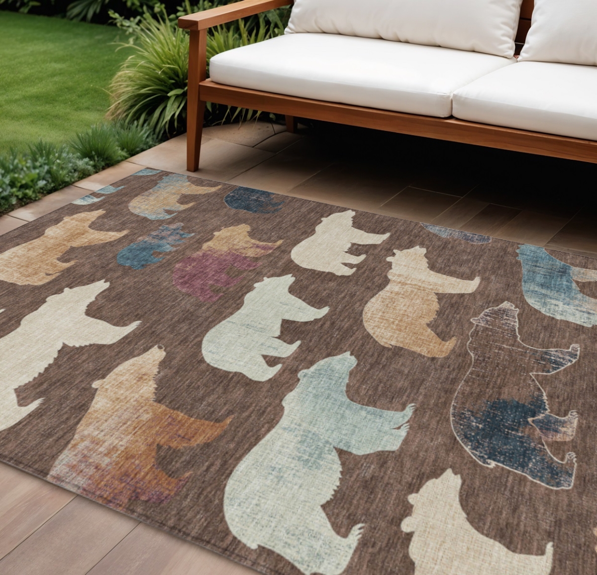 660347 9 x 12 ft. Chocolate Ivory & Blue Animal Print Washable Transitional Indoor & Outdoor Rectangle Area Rug
