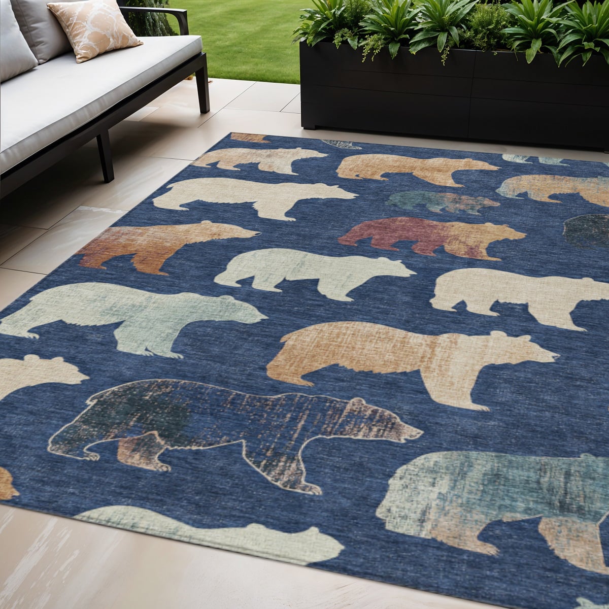 660368 5 x 8 ft. Navy Blue, Ivory & Beige Animal Print Washable Transitional Indoor & Outdoor Rectangle Area Rug