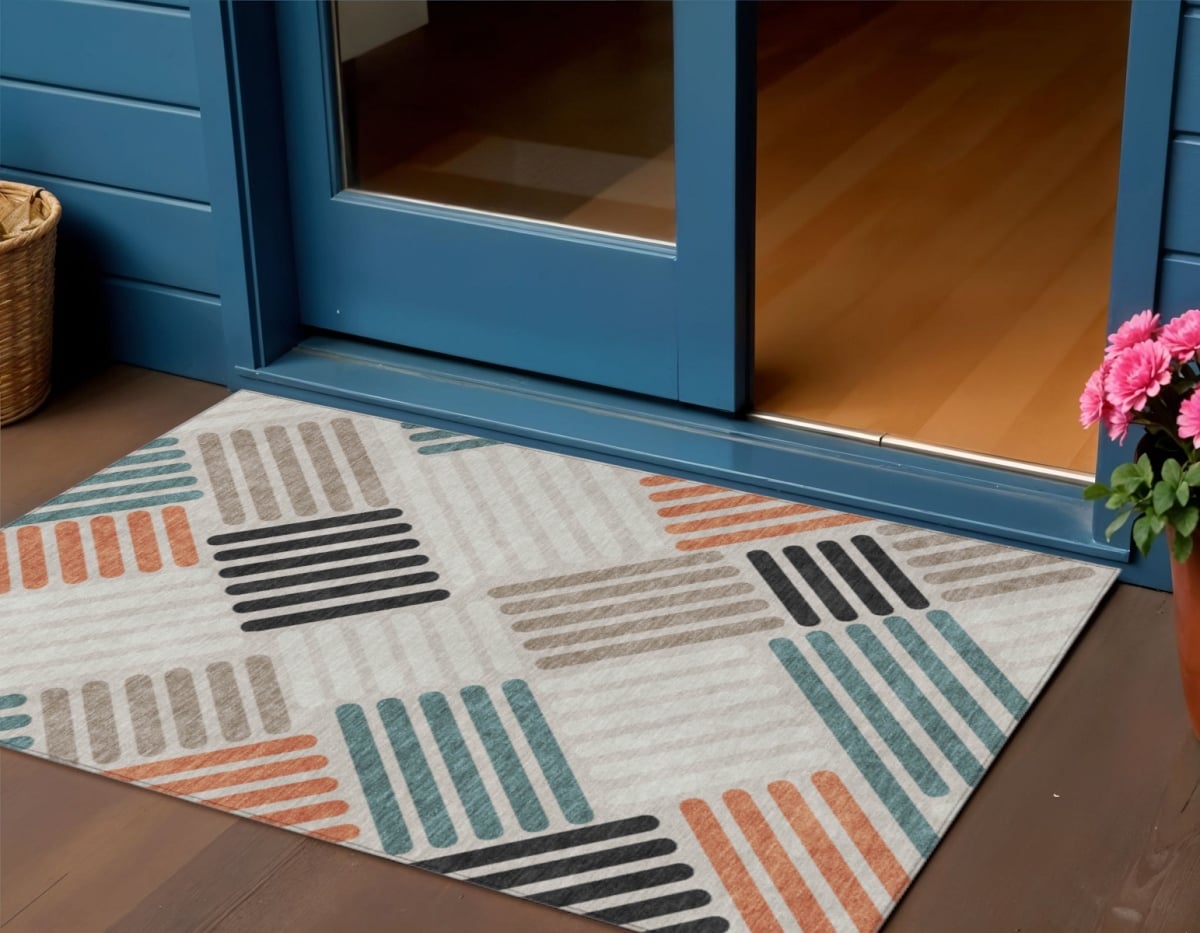 660397 3 x 5 ft. Sand Ivory & Black Geometric Washable Transitional Indoor & Outdoor Rectangle Area Rug