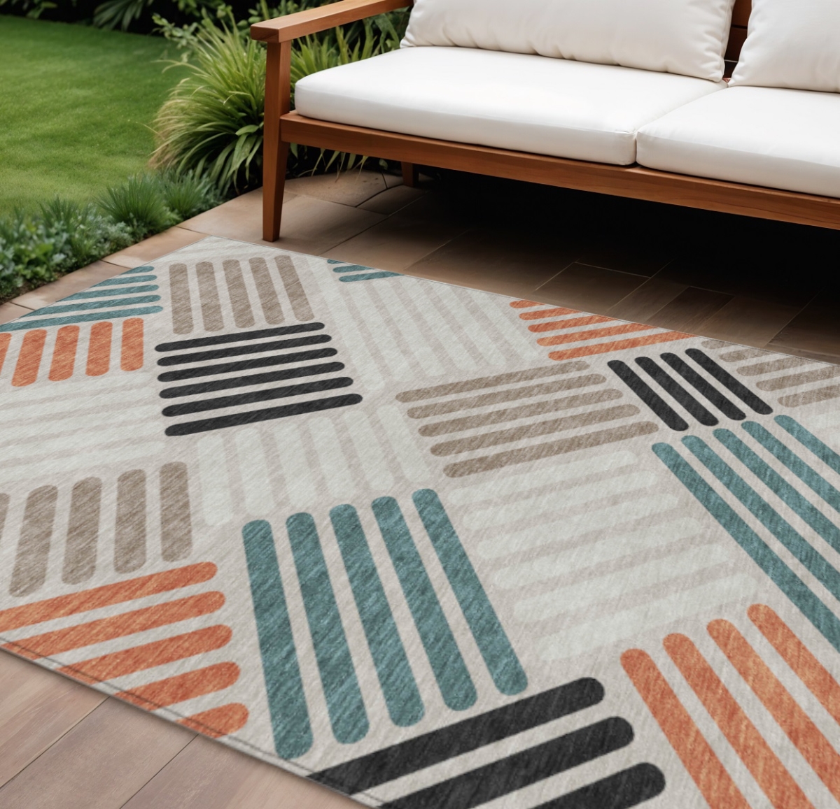 660402 10 x 14 ft. Sand Ivory & Black Geometric Washable Transitional Indoor & Outdoor Rectangle Area Rug