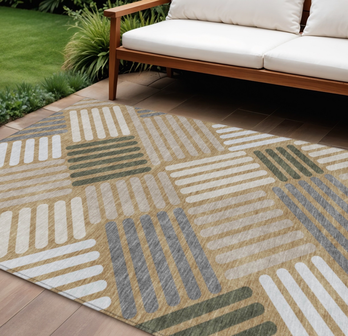 660408 10 x 14 ft. Gold Ivory & Charcoal Geometric Washable Transitional Indoor & Outdoor Rectangle Area Rug