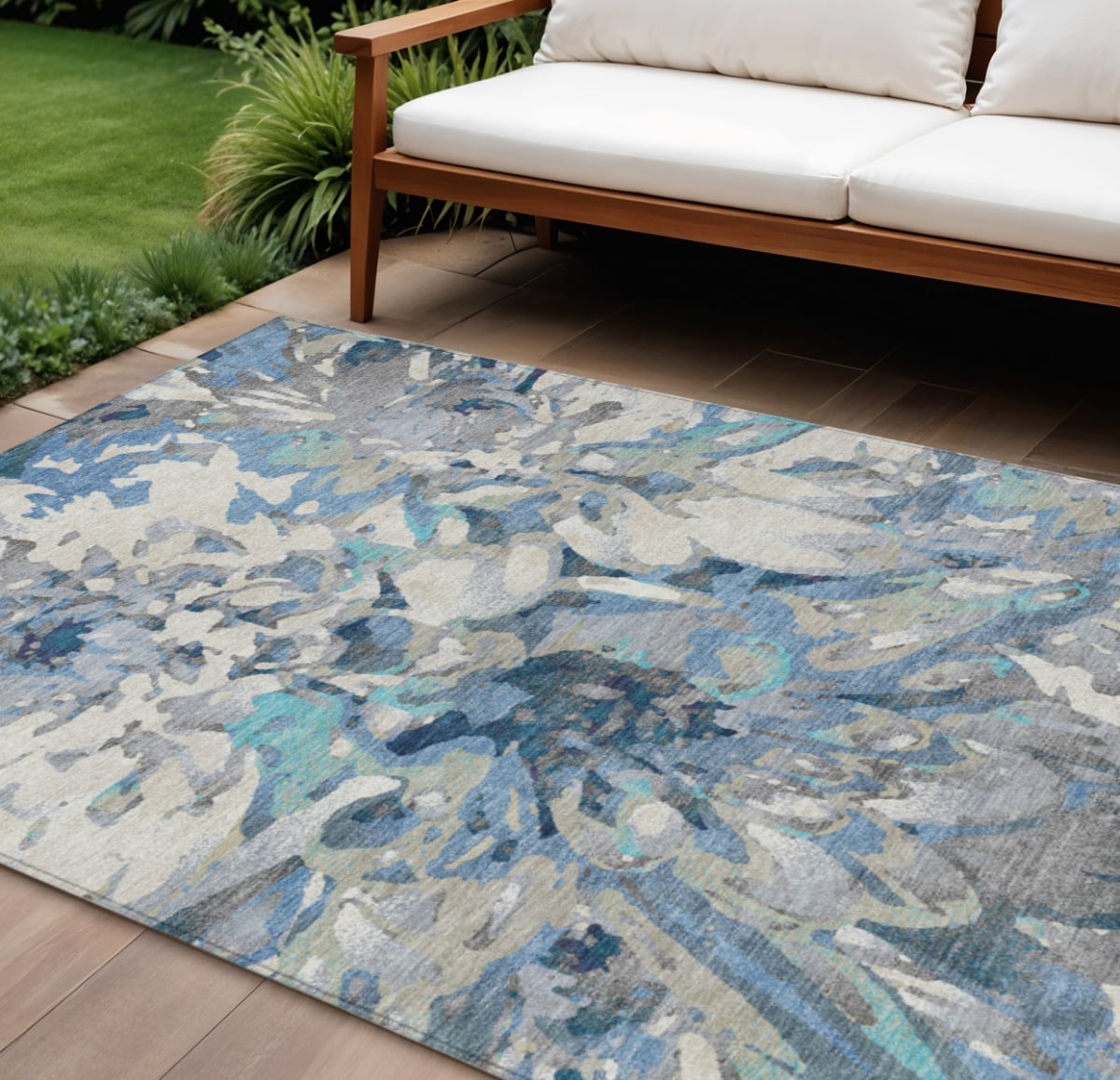 660454 8 x 10 ft. Denim Blue, Gray & Ivory Floral Washable Transitional Indoor & Outdoor Rectangle Area Rug