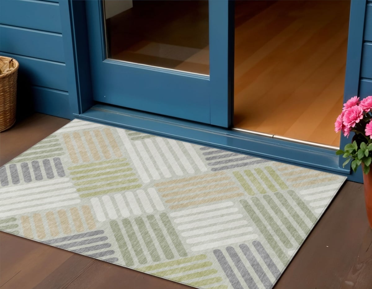 660379 3 x 5 ft. Artichoke Green, Ivory & Gray Geometric Washable Transitional Indoor & Outdoor Rectangle Area Rug
