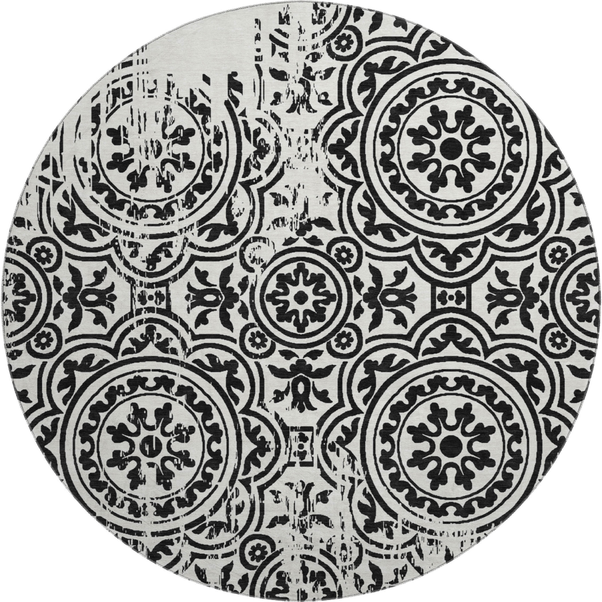 663662 8 ft. Black & Ivory Medallion Transitional Washable Round Area Rug with UV Protection