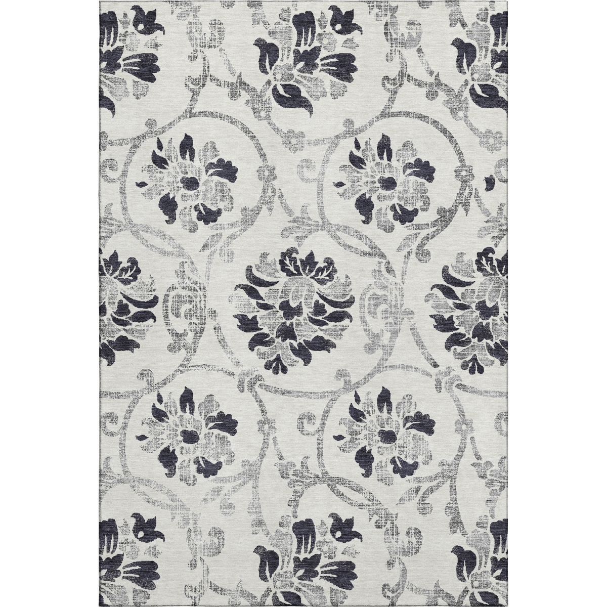 663948 10 x 14 ft. Black & Ivory Floral Traditional Washable Machine Made Rectangle Area Rug with UV Protection