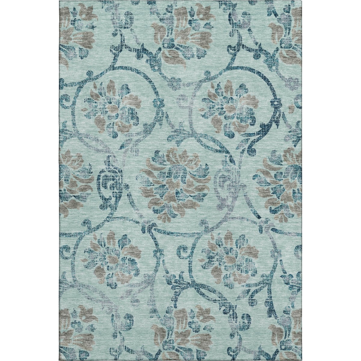 664004 5 x 8 ft. Teal & Gray Floral Traditional Washable Machine Made Rectangle Area Rug with UV Protection