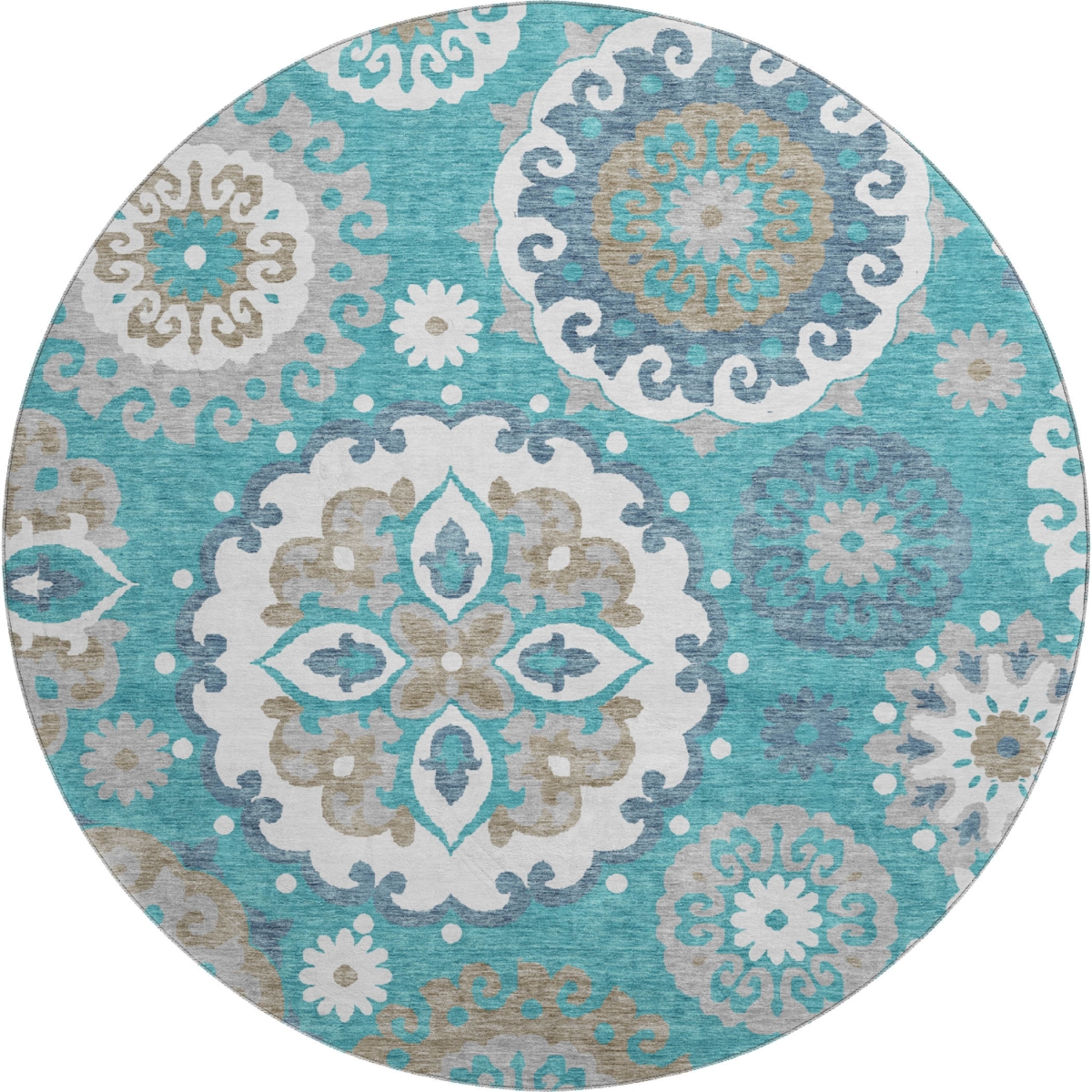 664077 8 ft. Teal Ivory & Gray Medallion Transitional Washable Round Area Rug with UV Protection