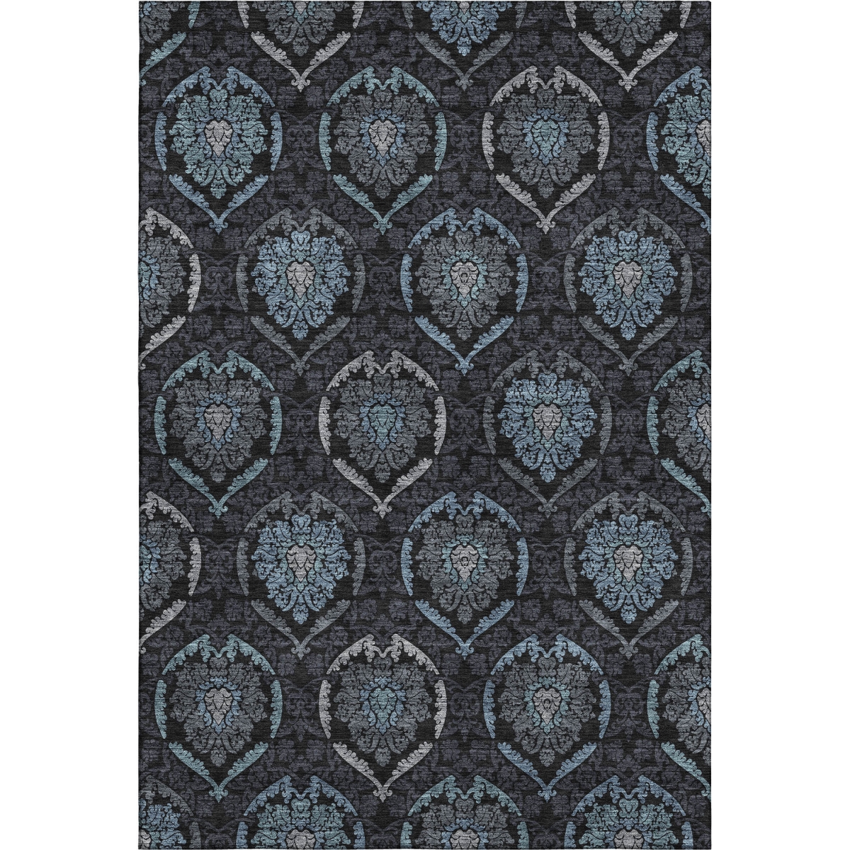 666058 9 x 12 ft. Blue & Charcoal Medallion Transitional Washable Machine Made Rectangle Area Rug with UV Protection
