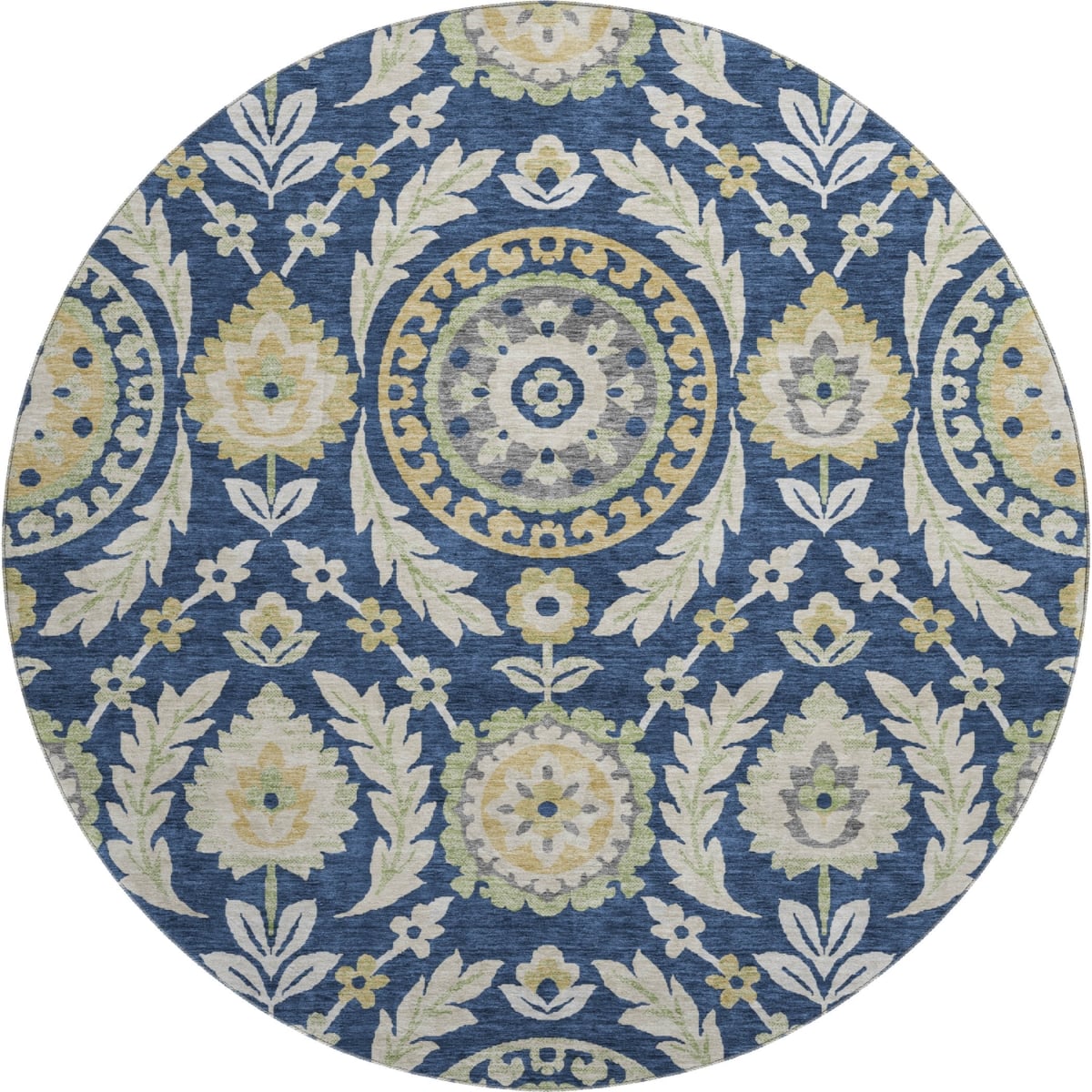 663218 8 ft. Navy Blue Gold & Beige Floral Washable Round Area Rug with UV Protection