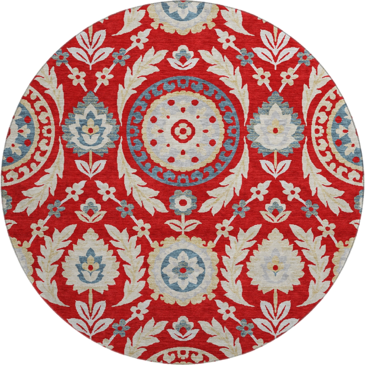 663236 8 ft. Red Gold & Blue Floral Washable Round Area Rug with UV Protection