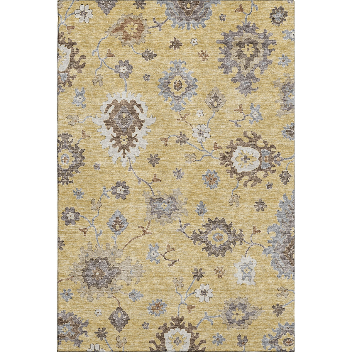 663287 10 x 14 ft. Gold Gray & Ivory Floral Medallion Washable Machine Made Rectangle Area Rug with UV Protection