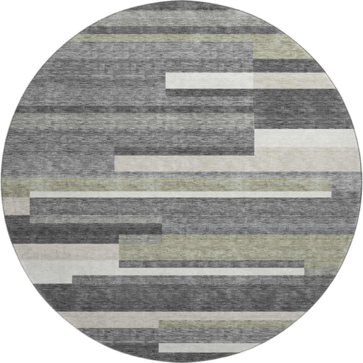 664269 8 ft. Charcoal Gray & Silver Striped Washable Round Area Rug with UV Protection