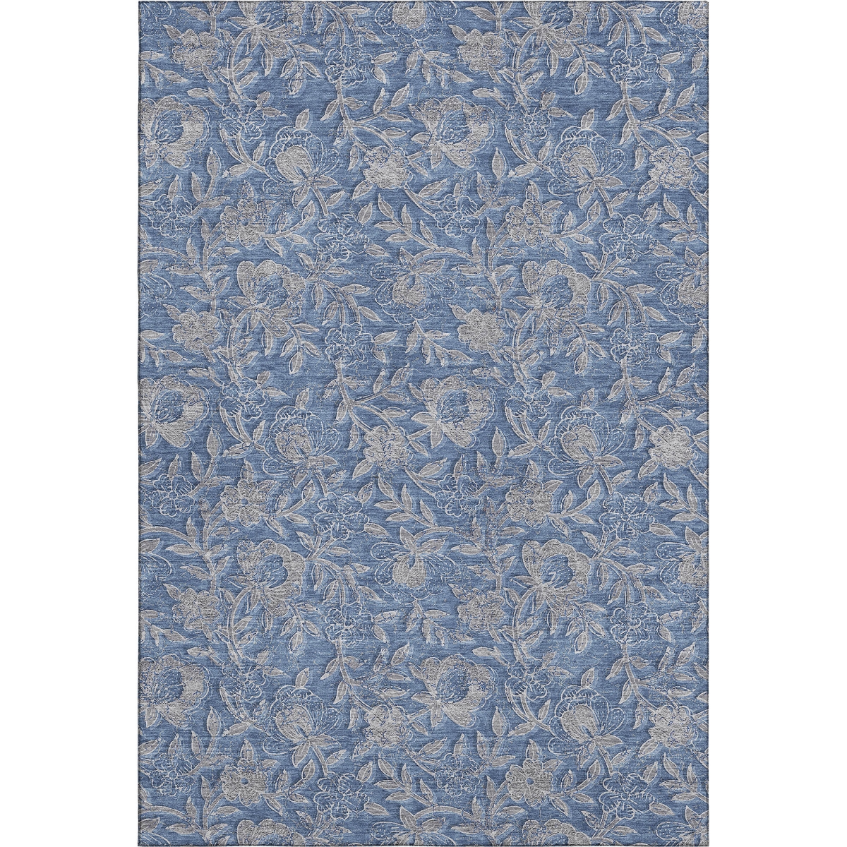 664610 8 x 10 ft. Denim Blue & Taupe Floral Washable Machine Made Rectangle Area Rug with UV Protection