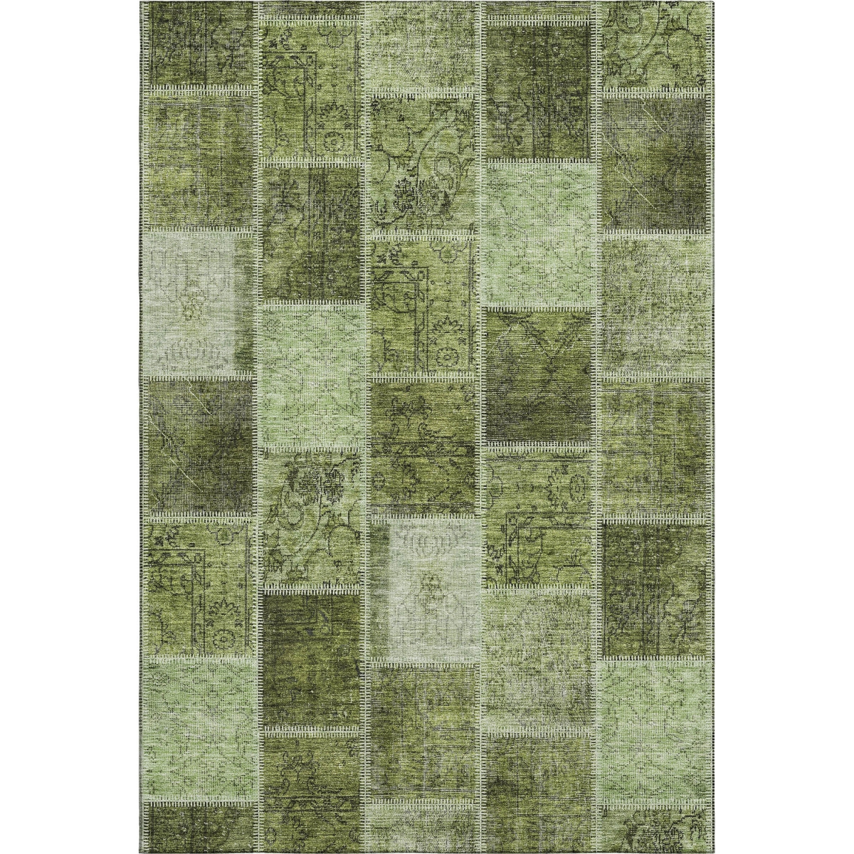 664668 5 x 8 ft. Olive Green & Gray Patchwork Transitional Washable Machine Made Rectangle Area Rug with UV Protection