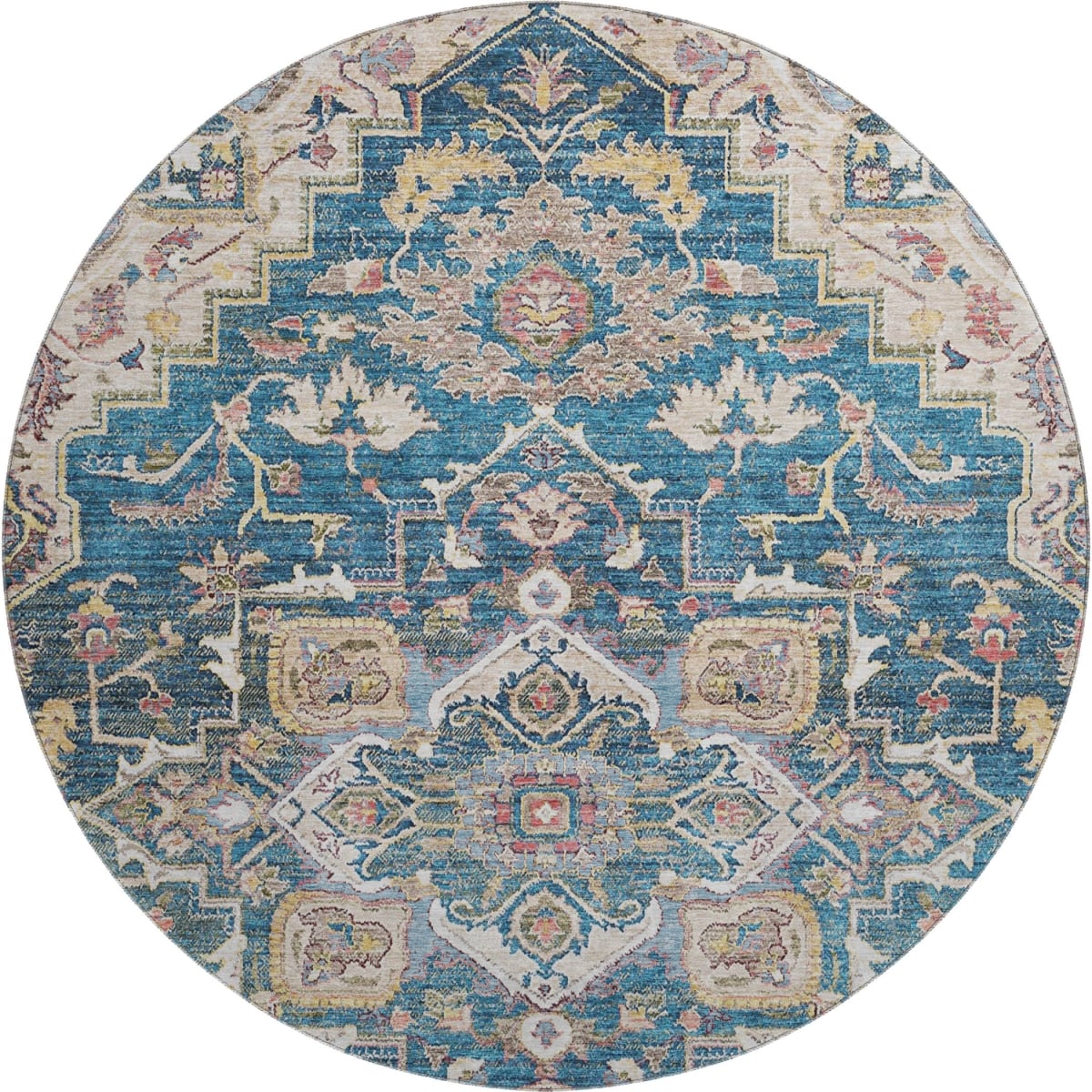 664723 8 ft. Blue Gold & Rust Floral Medallion Washable Round Area Rug with UV Protection